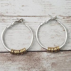 Vintage Earrings For Pierced Ears Silver Tone Hoops with Gold Tone Beads